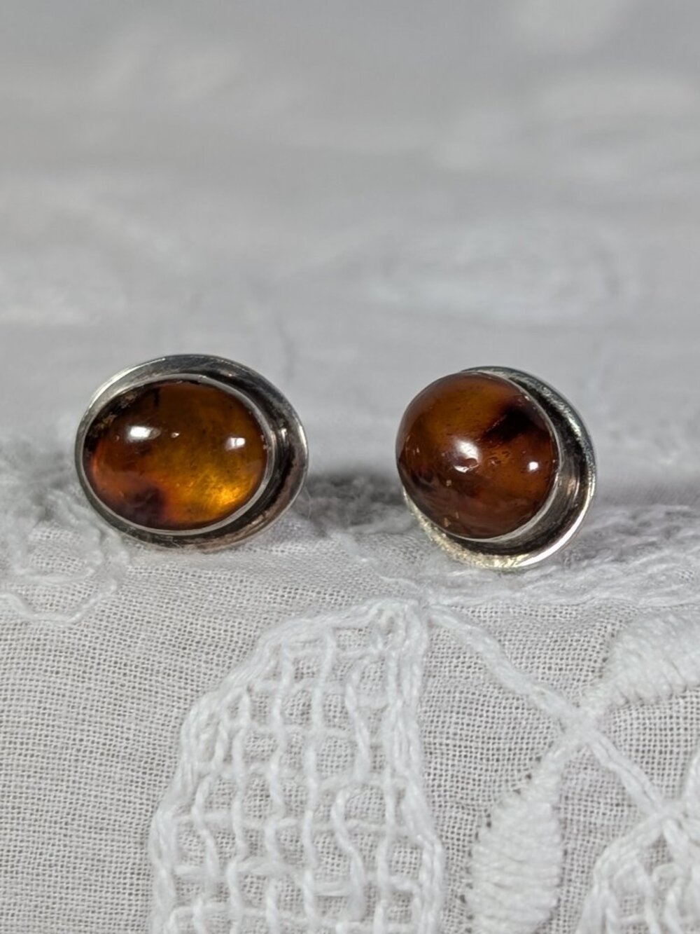 Vintage Amber Cabochon Orange/Cognac Stone with Silver Stud Post Earrings - Picture 10 of 13